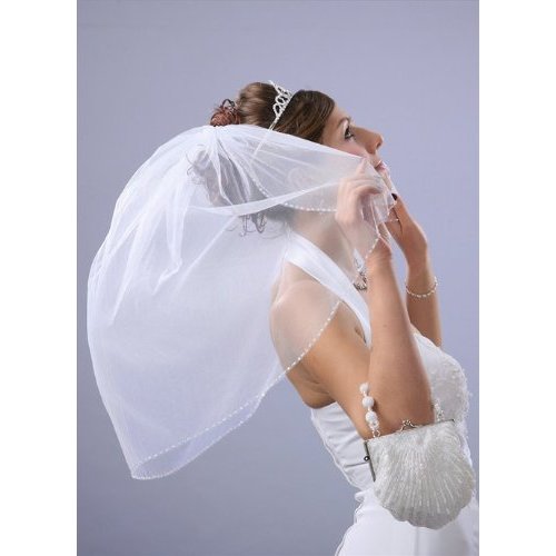 Bridal Veil Diamond (Off) White 1 Tier Shoulder Length Edge With Crystal Beads