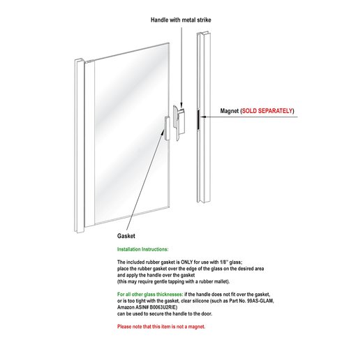 Gordon Glass® 3" Bright Chrome Frameless Shower Door Handle with Metal Strike - MAGNET IS NOT INCLUDED and SOLD SEPARATELY
