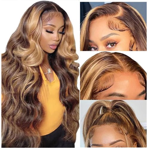 Gawmug 28 Inch Highlight Lace Front Wigs Human Hair 180% Density 4/27 Colored 13x4 Ombre Lace Front Wig Human Hair HD Transparent Lace Frontal Wigs Balayage Glueless Body Wave Lace Front wigs