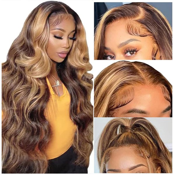 Gawmug 28 Inch Highlight Lace Front Wigs Human Hair 180% Density 4/27 Colored 13x4 Ombre Lace Front Wig Human Hair HD Transparent Lace Frontal Wigs Balayage Glueless Body Wave Lace Front wigs