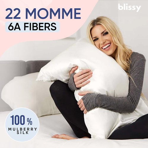 Blissy Silk Pillowcase - 100% Pure Mulberry Silk - 22 Momme 6A High-Grade Fibers - Silk Pillow Cover for Hair & Skin - Regular, Queen & King with Hidden Zipper (Standard, White)