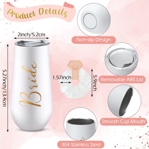 Karenhi 3 Pcs Wedding Bride Gift Set Include 6 oz Stainless Steel Wine Tumbler Bride Letter Cosmetic Toiletry Bag Silk Scrunchies Letter Patches Makeup Bag Hair Tie Wedding Gifts for Bride
