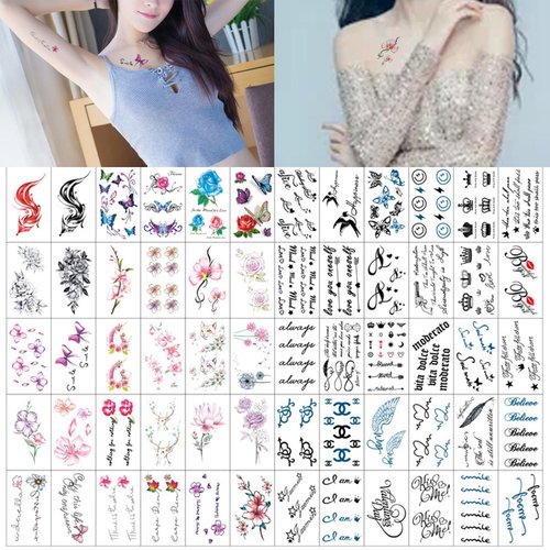 60 Sheets Floral Animals Fake Temporary Tattoo Sticker,Waterproof Temporary Tattoo Stickers,Black Word Letters Fake Tattoos For Adults Kids Finger Tattoo,Butterfly Women Men Tattoo Sticker Arm Neck
