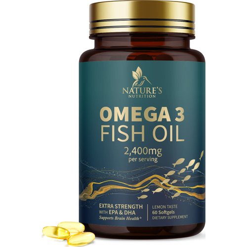 Fish Oil 2400 mg with Omega 3 EPA & DHA - Triple Strength Omega 3 Supplement - Omega 3 Fish Oil Supports Heart Health, Nature's Brain & Immune Support - Non-GMO Fish Oil Supplements - 60 Softgels