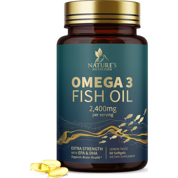 Fish Oil 2400 mg with Omega 3 EPA & DHA - Triple Strength Omega 3 Supplement - Omega 3 Fish Oil Supports Heart Health, Nature's Brain & Immune Support - Non-GMO Fish Oil Supplements - 60 Softgels