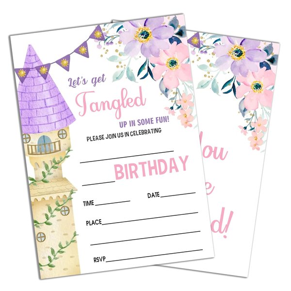 Sahjzk Floral Castle Style Fill-In Birthday Invites(4"x6"), Princess Birthday Invitations with Envelopes(20-Pack), Birthday Party Supplies for Girls, Teen, Kids-A10