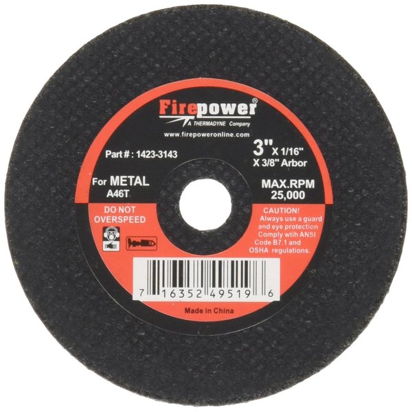Firepower 1423-3155 Type 1 Abrasive Cut-Off Wheel for Metal, 3-Inch Diameter, 1/16-Inch Width with 3/8-Inch Hole, 5-Pack