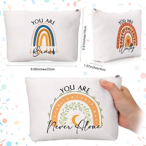 Coume 10 Pcs Rainbow Canvas Makeup Bags Bulk Inspirational Quotes Cosmetic Bags Zipper Personalized Encouragement Travel Pouch Toiletry Bag Women Girls Teacher Friend Birthday Graduation Gifts