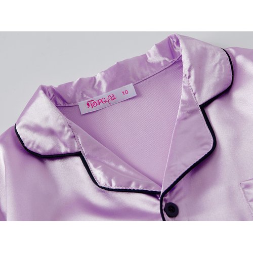 Topgal Little & Big Girls Pajama Set Size 8 - Lilac Satin Silky Cute Summer Short Sleeve & Pants Outfit