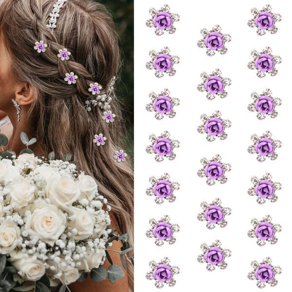 YISSION 20Pcs Mini Purple Flower Hair Clips Cute Rhinestone Hair Pins Small Decorative Hair Clips Wedding Hair Barrettes Red Flower Hair Clips Bridal Hair Accessories for Girls Women