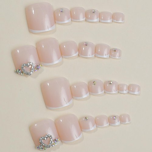French Tips Press on Toenails Short Square Fake Toe Nails Bling with Heart Rhinestones Design False Toenails Pink Glossy Reusable Full Cover Glue on Toe Nails for Women and Girls 24 Pcs
