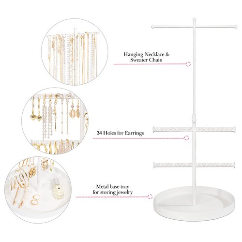Jenseits Jewelry Organizer Stand, 3 Tier Long Necklaces Organizer Holder Tree, Adjustable Height Earring Display Towers, Bracelets Storage Rack for Dresser Bathroom Vanity