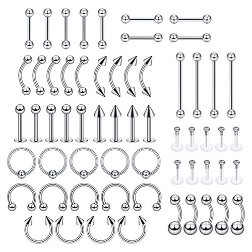Longbeauty 80PCS Body Piercing Kit Belly Button Rings Tongue Ear Tragus Cartilage Helix Daith Rook Lip Eyebrow Nose Rings Surgical Steel 14G 16G Piercing Needles Tools