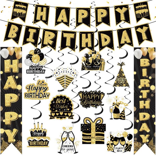 Black Gold Birthday Decorations Black Gold Birthday Banner Happy Birthday Porch Sign Door Banner Decorations Birthday Hanging Swirls for Men Women 18th 40th 50th 60th birthday Decoration