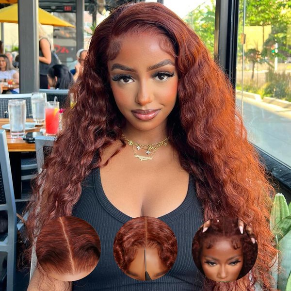 Julia Hair Water Wave Pre Everything Glueless Wig Reddish Brown 13x4 Pre Cut Lace Front Wigs Human Hair For Beginner Pre Bleached Bye Bye Knots Wig Pre Plucked Put on and Go Copper Red Color 16 Inch