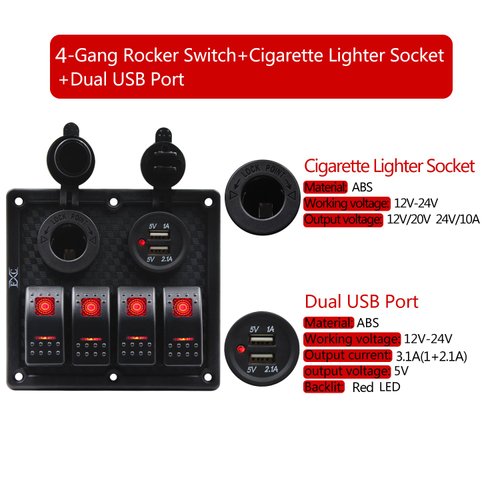 FXC Waterproof Marine Boat Rocker Switch Panel 4 Gang with Dual USB Slot Socket + Cigarette Lighter Red LED Light for Car Rv Vehicles Truck