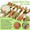 Hamiledyi 4PCS Bunny Chew Toys Rabbit Hanging Toys for Teeth Grinding Natural Apple Wood Sweet Bamboo Sticks Timothy Grass&Carrot Cake for Chewing/Improving Rodent Animals Dental Health