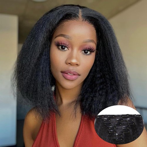 Yargel Hair 14 Inch Kinky Straight Clip in Hair Extensions for Black Women Yaki Straight Clip ins Full Head Seamless Synthetic Hair Pieces(2 pack)