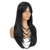 SWACC Long Layered Straight Wig with Bangs Synthetic Hair Wig for Women with Wig Cap (Black)