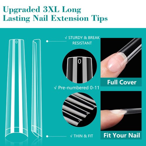 3XL NO C Curve Coffin Nail Tips for Acrylic Nails Professional, 504PCS Clear Extra Long Tapered Square Nail Tips, 12 Sizes Straight Press On Gel Nail Tips for Nail Salons Home DIY