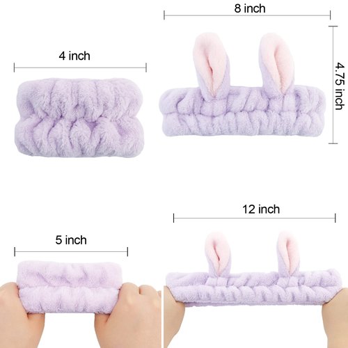 YISSION 6Pcs Face Wash Headbands and Wristbands Set Bunny Ears Headbands Spa Headband Makeup Headband Skincare Headbands with Wristbands for Women Girls Washing Face(Pink Purple)