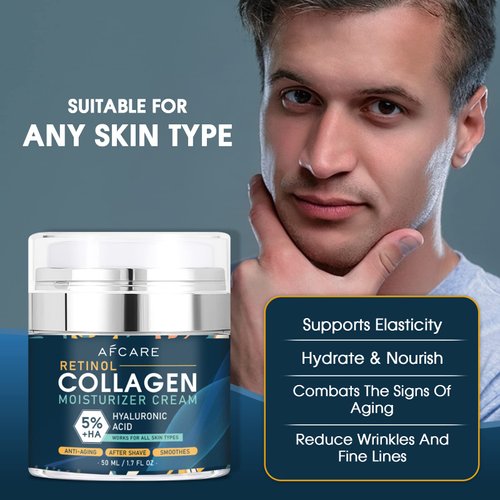 AFCARE Mens Face Moisturizer Cream, Face Collagen Cream with Hyaluronic Acid Day and Night Nourishing and Moisturizing for Man (50ml 1.7 oz)