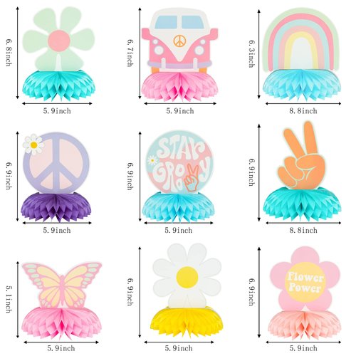 ANGOLIO Groovy Hippie Party Honeycomb - 9P Hippie Boho Centerpieces for Party Supplies Birthday Party Decor Rainbow Daisy Flower Butterfly Peace Theme Decor Table Topper Baby Shower Decor for Boy Girl