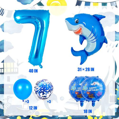 Shark Birthday Decorations, Blue Shark 7 Balloon Number, Sea Animal Balloons, 7 Year Old Girl Birthday Decorations, Ocean Birthday Party Decorations (7)