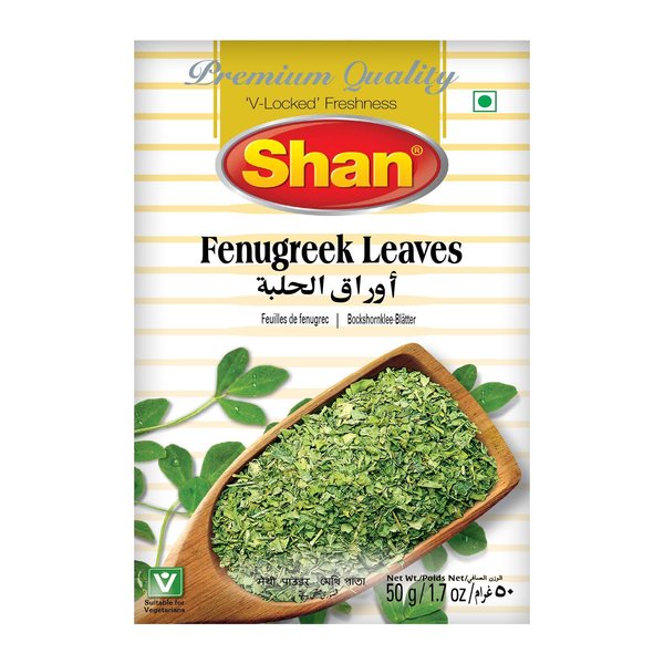 Shan Fenugreek Leaves 1.7 oz (50g) - No Preservative No Artificial Food Color - Authentic and Fresh Fenugreek Leaves - Halal and Suitable for Vegetarians - Airtight Aluminum Pouch
