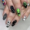 24 Pcs Halloween Press on Nails Medium Almond Fake Nails Black Acrylic Nails with Spider Web and Green Monster face Designs Glossy False Nails Stick on Nails Press on Nails for Women Girls