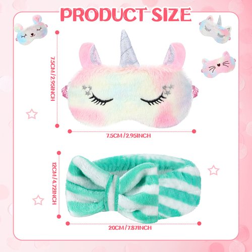 12 Packs Sleepover Party Favors for Teenager Girl, Unicorn Animal Plush Sleep Eye Mask Soft Plush Nap Eyeshade Plush Bow Headbands, Elastic Hair Band for Single Women Spa Pajama Party (Vivid Style)