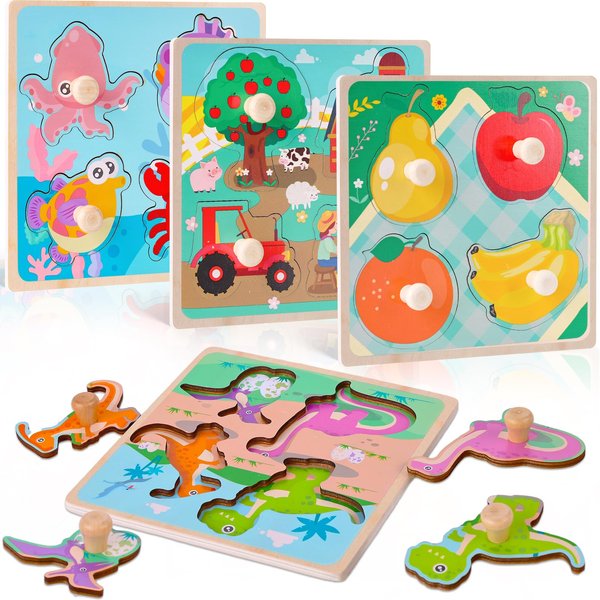 LovesTown 4PCS Wooden Peg Puzzles, Knob Puzzles with Handles Puzzles for Toddlers Educational Montessori Puzzles for Kids Boys Girls Preschoool Learning