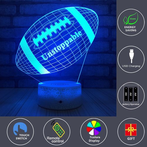 FlyonSea Football lamp, Rugby Ball Bedside Lamp 7 Colors Change + Remote Control with Timer Kids Night Light Optical Illusion Lamps for Kids Lamp As a Gift Ideas for Boys or Kids
