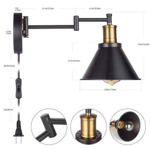 ArcoMead Swing Arm Wall Lamp Plug-in Cord Industrial Wall Sconce, Bronze and Black Finish,with On/Off Switch, E26 Base,1-Light Bedroom Wall Lights Fixtures,Bedside Reading Lamp