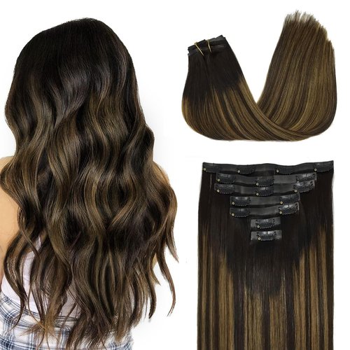 GOO GOO Clip in Hair Extensions Real Human Hair, 24inch 151g 7Pcs, 1B/6/1B Balayage Natural Black to Chestnut Brown, Remy Human Hair Extensions Clip ins for Women, Natural Human Hair