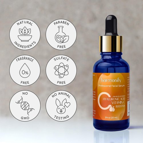 HARMONIFY Hyaluronic Acid Serum for Face with Vitamin C, Brightening Serum, Pure, Hydrating Serum to Plumb Skin, Reduce Fine Lines, Wrinkles and Dark Spots, Low Molecular Weight [0.75 oz]