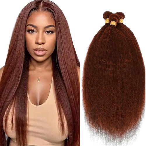20 22 24 Inch Fridnae Hair Color 33 Bundles Reddish Brown Kinky Straight Human Hair Bundles Brazilian Copper Brown Bundles Human Hair Auburn Brown Yaki Straight Bundles Hair Extensions