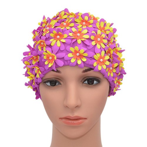 Medifier Swim Cap Floral Petal Retro Style Bathing Caps for Women Purple