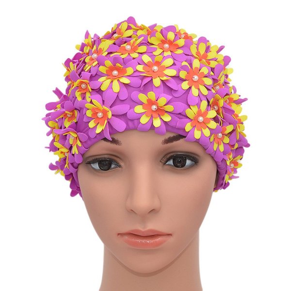 Medifier Swim Cap Floral Petal Retro Style Bathing Caps for Women Purple