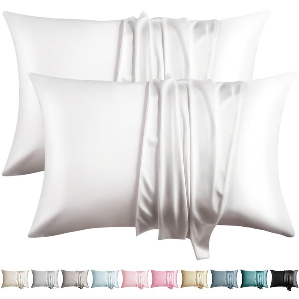 WLOSJ 100% Silk Pillow Cases 2 Pack Queen Size Mulberry Silk Pillowcase for Hair and Skin Set of 2 Highest Grade 6A Silk Soft Breathable Cooling with Hidden Zipper, White