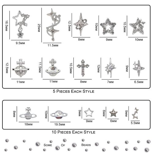 120+ Pcs Star Nail Charms Rhinestones Gems, Silver Star Planet Cross Nail Art Decorations Shiny Jewelry for Acrylic Nail Accessories for Women Girl Manicure DlY Crafts Supplies