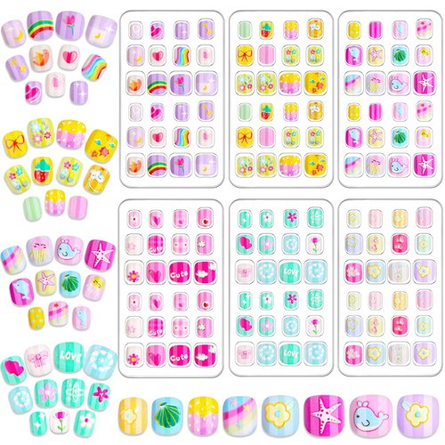 Audab 144 Pieces Kids Press on Nails for Girls Fake Nails Emboss Artificial Nail Tips Pre Glue Short Stick on Nails for Kids Nails Decoration Sleepovers Kids Valentine Day Gifts (Sweet Sunshine)