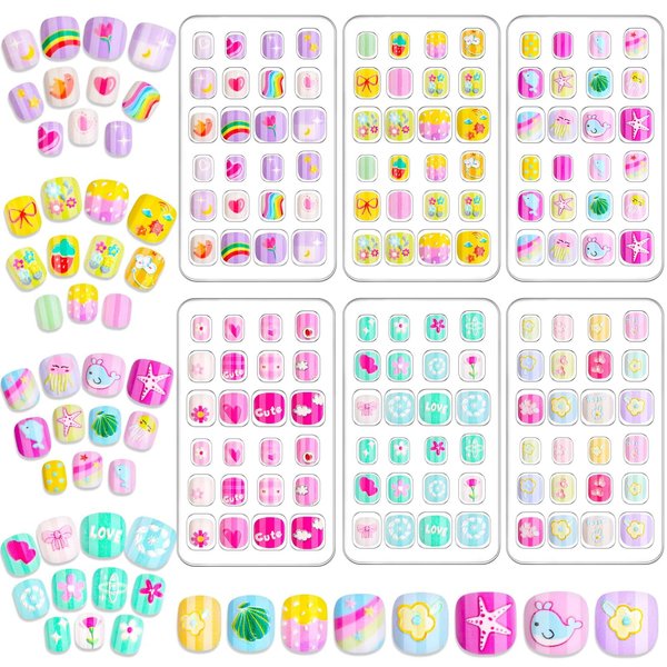 Audab 144 Pieces Kids Press on Nails for Girls Fake Nails Emboss Artificial Nail Tips Pre Glue Short Stick on Nails for Kids Nails Decoration Sleepovers Kids Valentine Day Gifts (Sweet Sunshine)