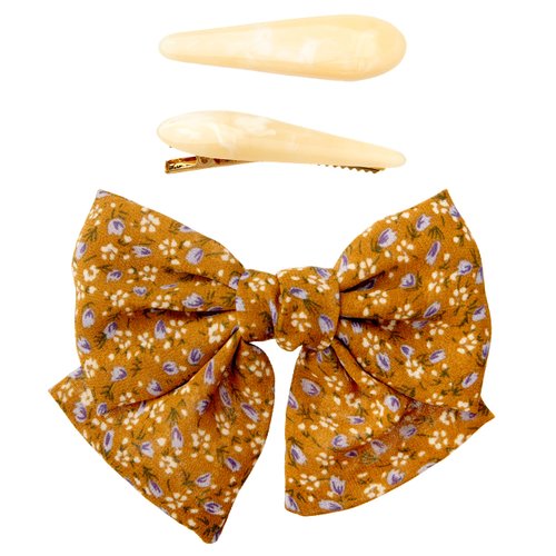 BOW BARRETTE AND ALLIGATOR CLIP 3 SET (FLORAL GOLD)