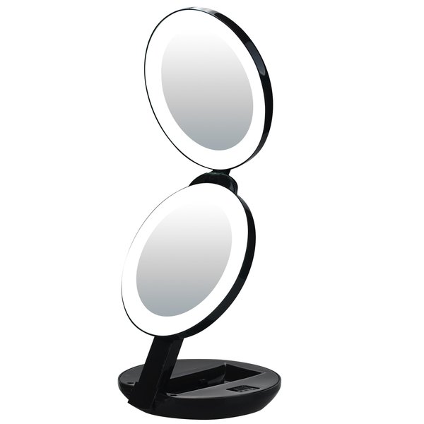 VrHere MirriM LED Lighted Travel Makeup Magnifying Mirror,Magnifies 10x and 1x, Luxury Double Side and Folding Pocket Vanity/Cosmetic Mirror (black)