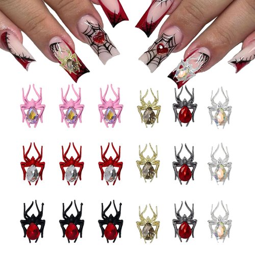 Tyuimhx 18Pcs Halloween Nail Art Rhinestones 3D Alloy Spider Nail Charms Red Pink Gold Black Silver Metal Nail Supplies 6 Colors Crystal Gems Nail Decorations for Women DIY Manicure Crafts Accessories