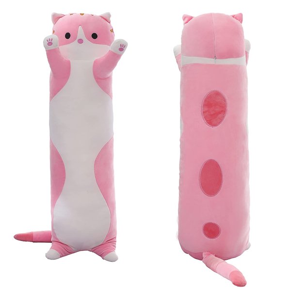 SHINUOER Long Cat Plush Pillow Cat Body Pillow,Pink Cat Stuffed Animals Soft Plushies Kawaii Stuffed Kitten Plush Toy for Kids Girlfriend(Pink, 19.7Inch)