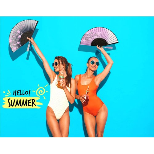 Leehome Small Folding Hand Fans for Women -Chinese Japanese 2pcs Vintage Bamboo Silk Fans - for Dance, Music Festival, Wedding, Party, Decorations,Gift. (Grey & Purple Sakura Butterflies)