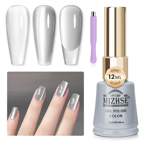 MIZHSE Cat Eye Gel Nail Polish 12mL Silver Moonlight Cat Eye Nail Polish Glitter Velvet Smooth Cats Eye Soak Off U V LED Gel Polish for Nail Art Manicure Salon Home DIY