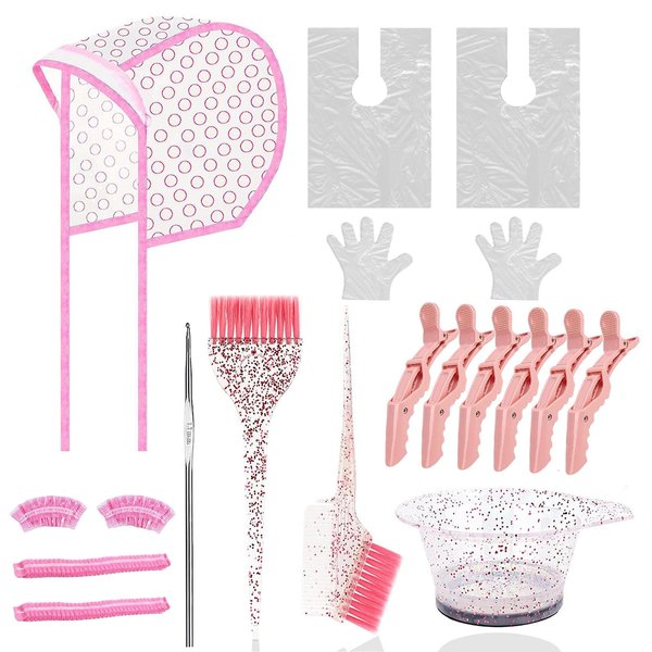 19PCS Hair Dye Coloring Kit, Professional Hair Coloring Dyeing Kit, Hair Coloring Highlight Cap Brush and Bowl Set, Mixing Bowl, Hair Dyeing Cap, Hair Needles, Dye Color Brush, Hair Clips (Pink-19)